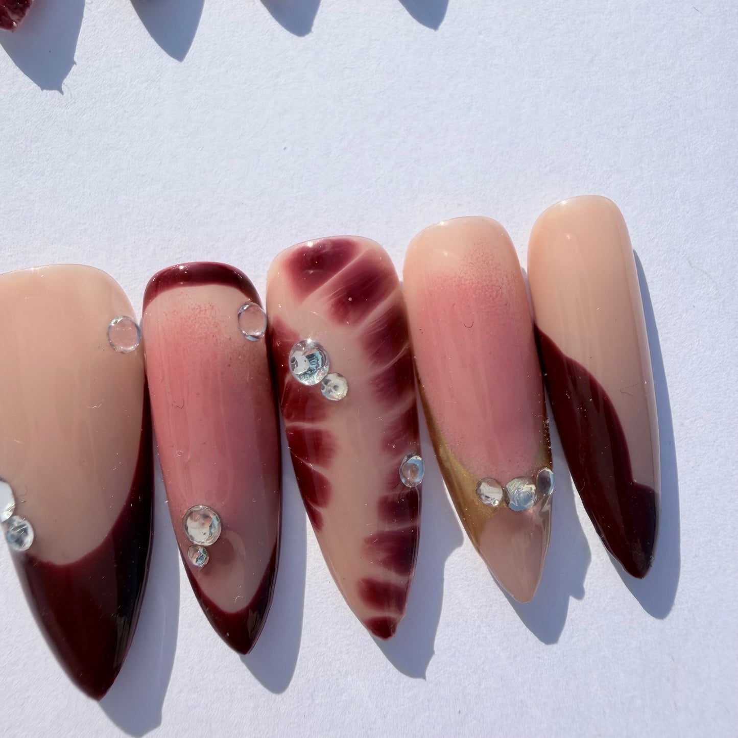 Starburst Burgundy Gradient Press-On Nails with Rhinestones