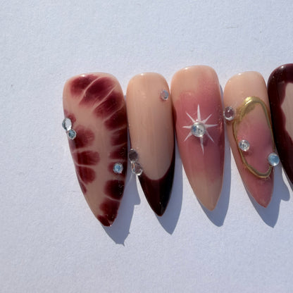 Starburst Burgundy Gradient Press-On Nails with Rhinestones