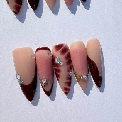 Starburst Burgundy Gradient Press-On Nails with Rhinestones