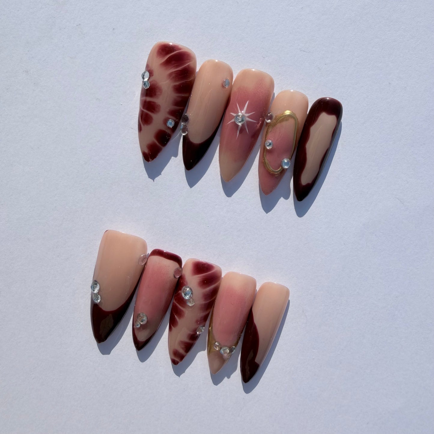 Starburst Burgundy Gradient Press-On Nails with Rhinestones