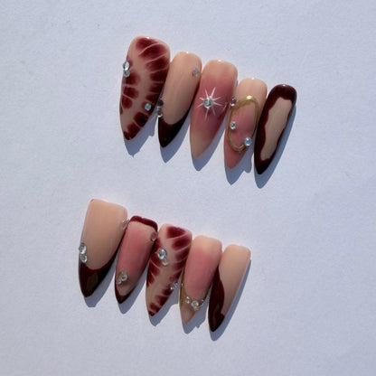 Starburst Burgundy Gradient Press-On Nails with Rhinestones