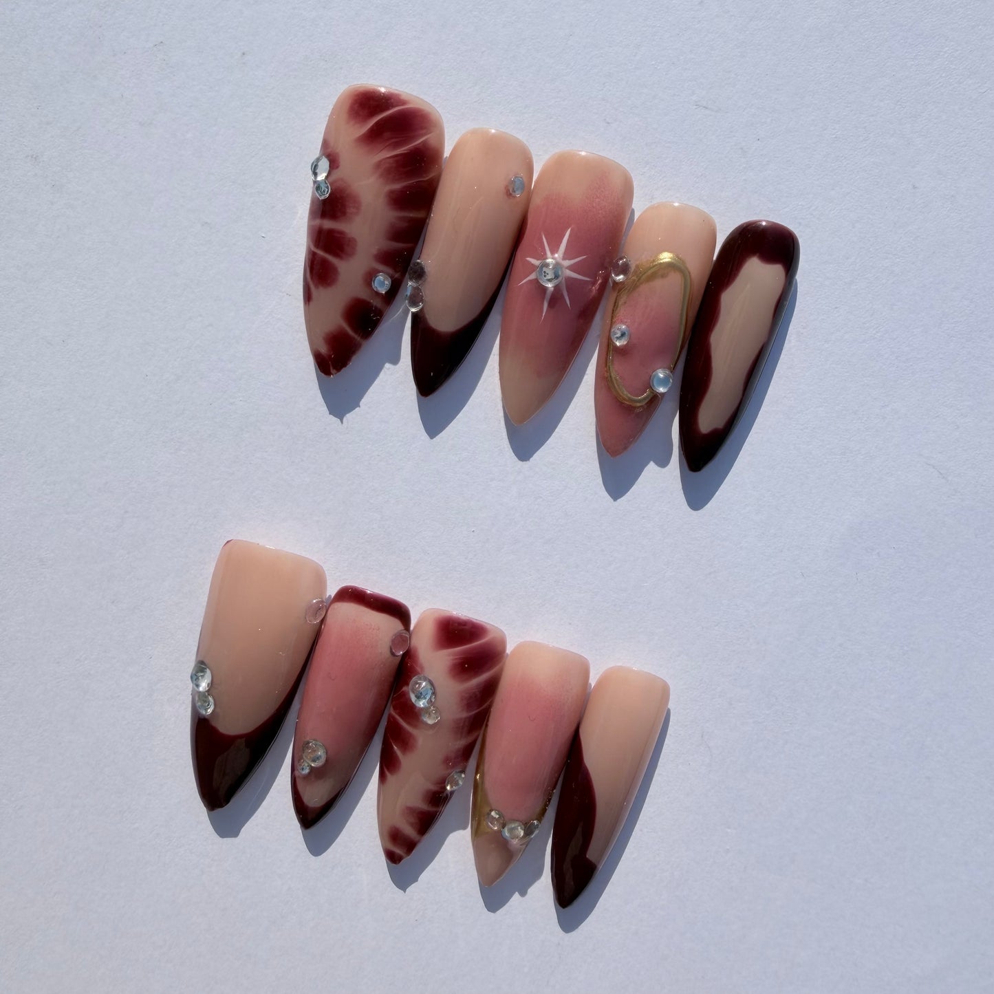 Starburst Burgundy Gradient Press-On Nails with Rhinestones