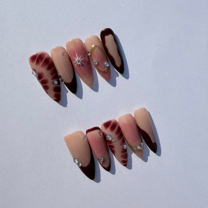 Starburst Burgundy Gradient Press-On Nails with Rhinestones