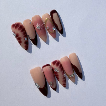 Starburst Burgundy Gradient Press-On Nails with Rhinestones
