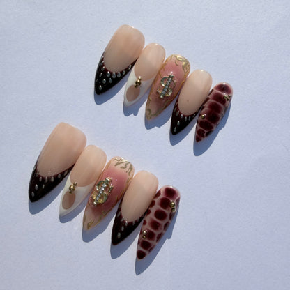 Luxury Leopard & Gold French Press-On Nails | Money Charm Art Design