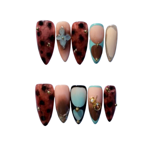 Leopard Mix Mint French Press-On Nails – Trendy Nude Almond Nails with 3D Charms