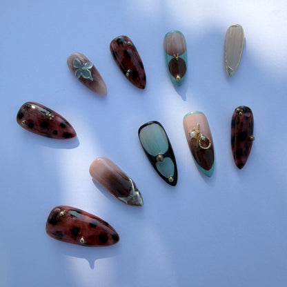 Leopard Mix Mint French Press-On Nails – Trendy Nude Almond Nails with 3D Charms