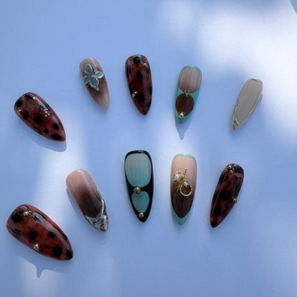 Leopard Mix Mint French Press-On Nails – Trendy Nude Almond Nails with 3D Charms
