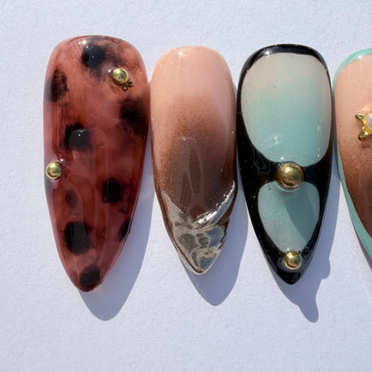 Leopard Mix Mint French Press-On Nails – Trendy Nude Almond Nails with 3D Charms