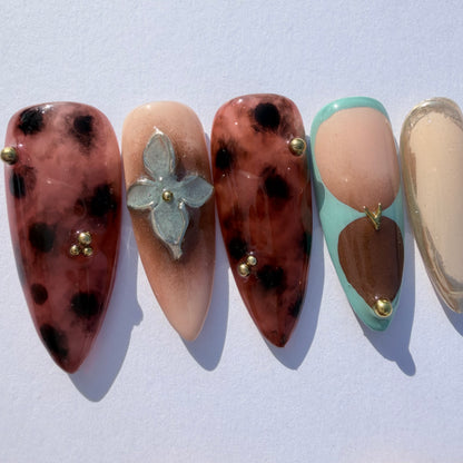 Leopard Mix Mint French Press-On Nails – Trendy Nude Almond Nails with 3D Charms