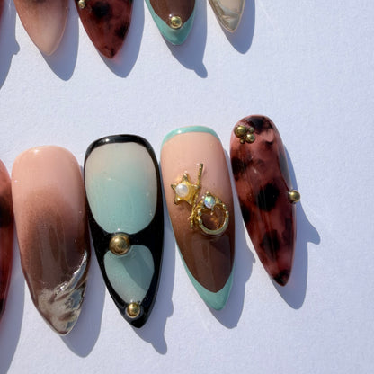 Leopard Mix Mint French Press-On Nails – Trendy Nude Almond Nails with 3D Charms