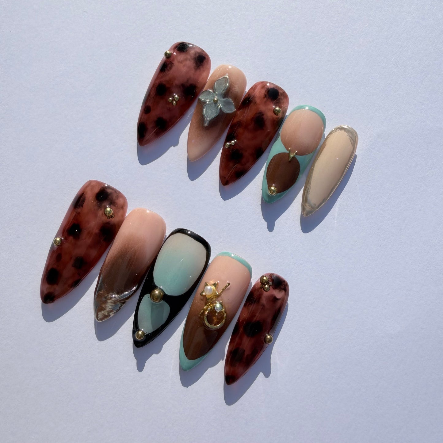 Leopard Mix Mint French Press-On Nails – Trendy Nude Almond Nails with 3D Charms