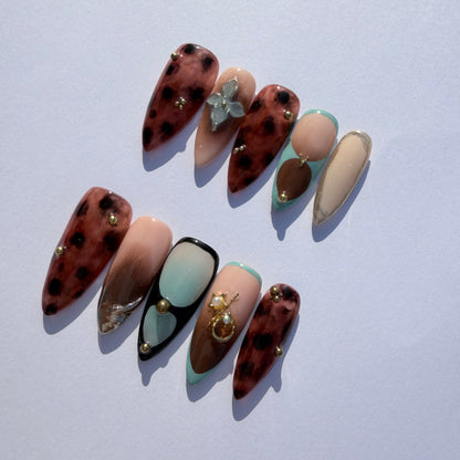 Leopard Mix Mint French Press-On Nails – Trendy Nude Almond Nails with 3D Charms