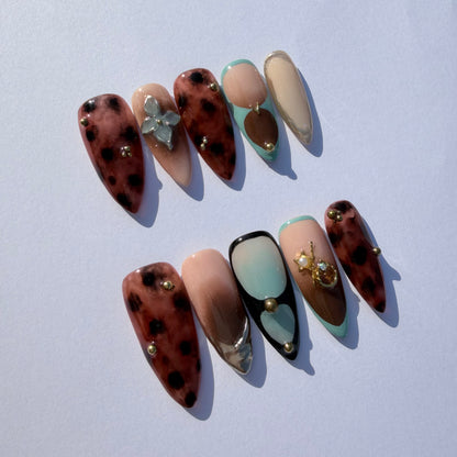 Leopard Mix Mint French Press-On Nails – Trendy Nude Almond Nails with 3D Charms