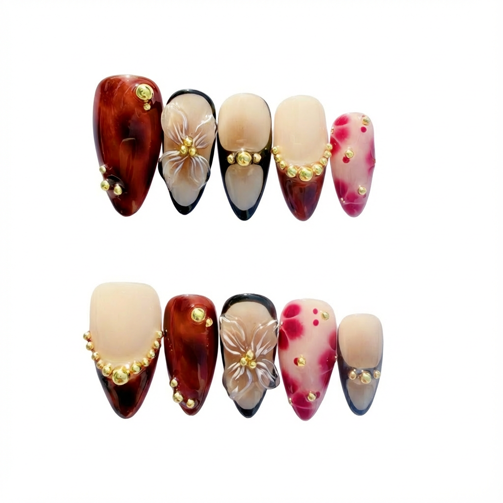 Luxury 3D Floral & Tortoise Shell Press-On Nails – Elegant Gold Accents