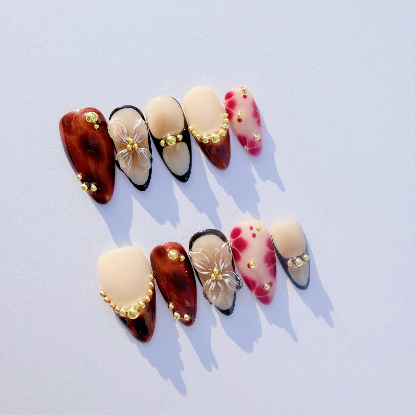 Luxury 3D Floral & Tortoise Shell Press-On Nails – Elegant Gold Accents