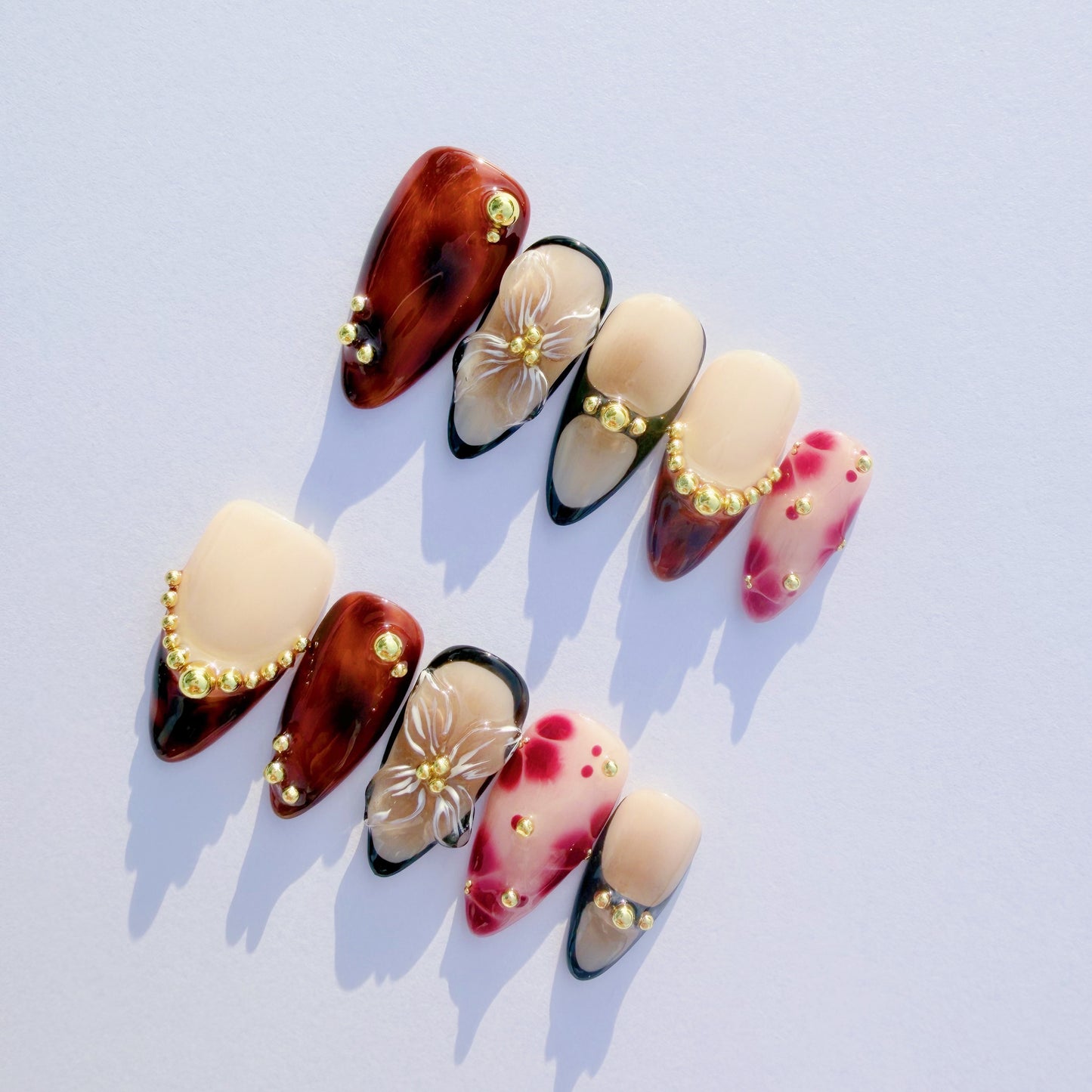 Luxury 3D Floral & Tortoise Shell Press-On Nails – Elegant Gold Accents