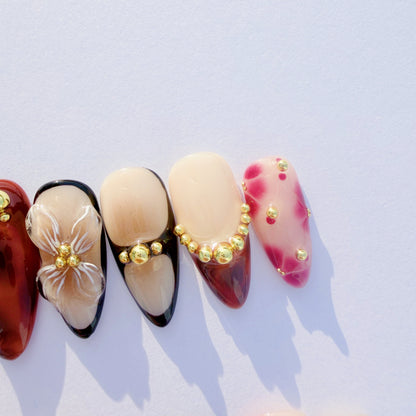 Luxury 3D Floral & Tortoise Shell Press-On Nails – Elegant Gold Accents