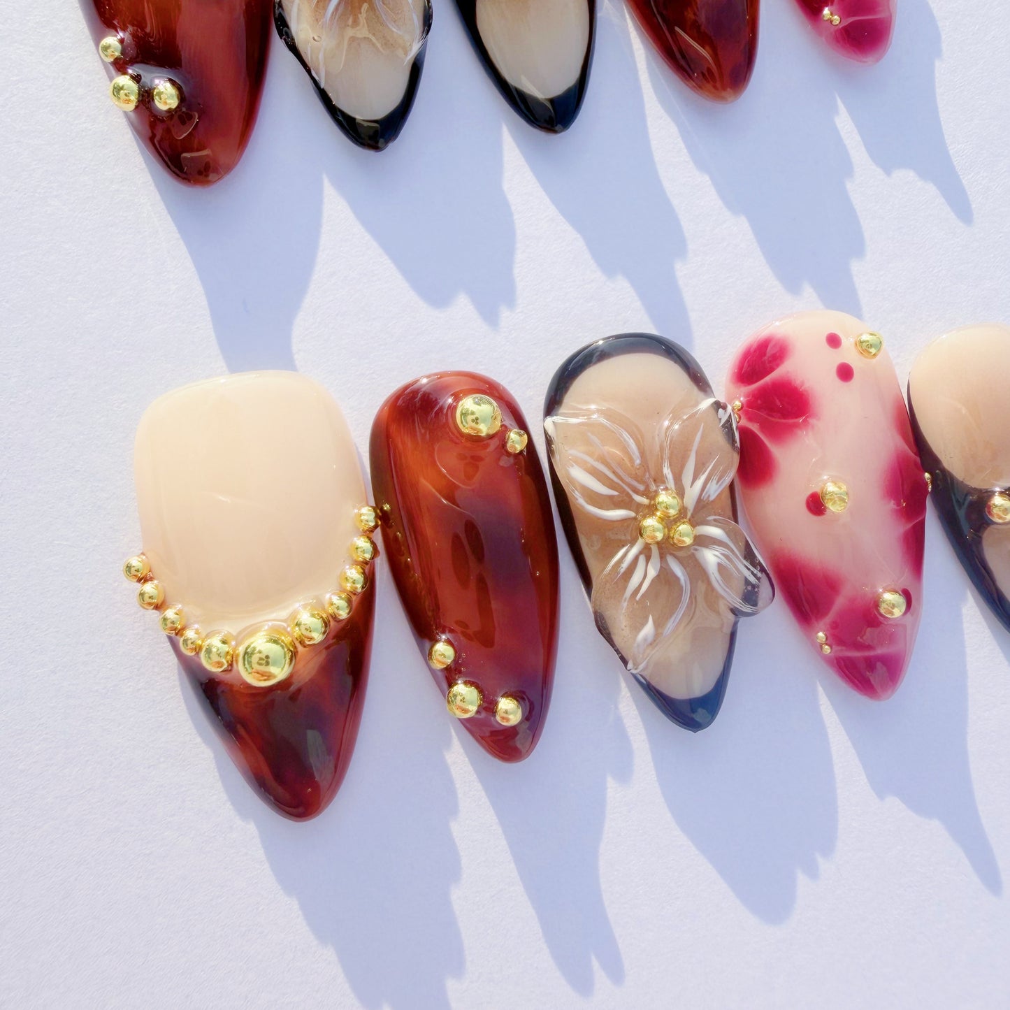 Luxury 3D Floral & Tortoise Shell Press-On Nails – Elegant Gold Accents