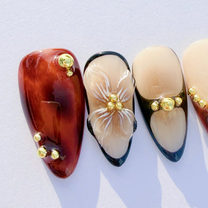 Luxury 3D Floral & Tortoise Shell Press-On Nails – Elegant Gold Accents