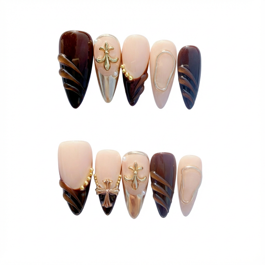 Luxury Brown & Gold Sculpted Press-On Nails – 3D Metal Accents, Almond Shape, Salon-Quality Reusable Set