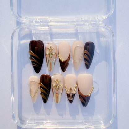 Luxury Brown & Gold Sculpted Press-On Nails – 3D Metal Accents, Almond Shape, Salon-Quality Reusable Set
