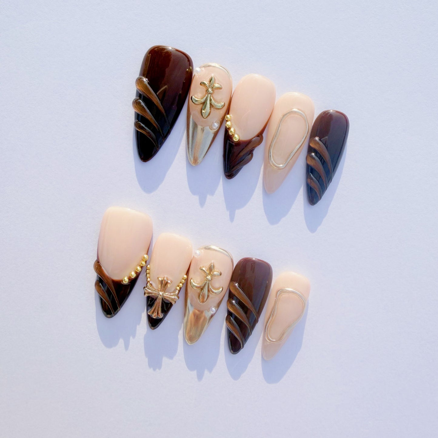 Luxury Brown & Gold Sculpted Press-On Nails – 3D Metal Accents, Almond Shape, Salon-Quality Reusable Set