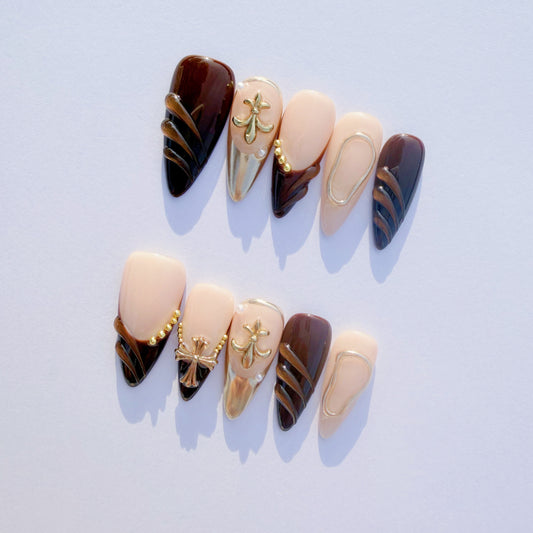 Luxury Brown & Gold Sculpted Press-On Nails – 3D Metal Accents, Almond Shape, Salon-Quality Reusable Set