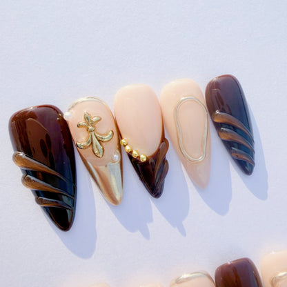 Luxury Brown & Gold Sculpted Press-On Nails – 3D Metal Accents, Almond Shape, Salon-Quality Reusable Set