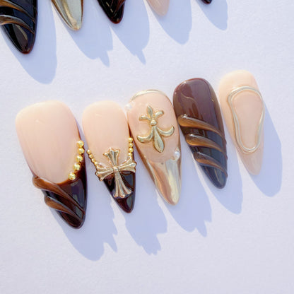 Luxury Brown & Gold Sculpted Press-On Nails – 3D Metal Accents, Almond Shape, Salon-Quality Reusable Set