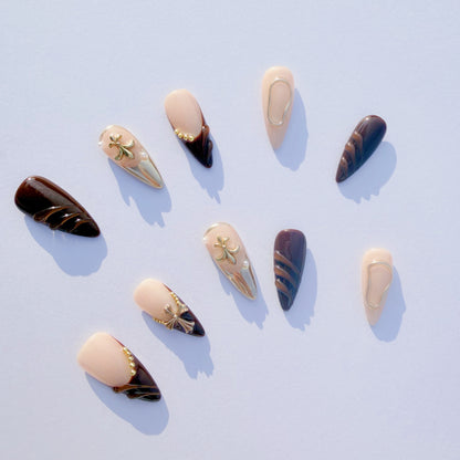 Luxury Brown & Gold Sculpted Press-On Nails – 3D Metal Accents, Almond Shape, Salon-Quality Reusable Set