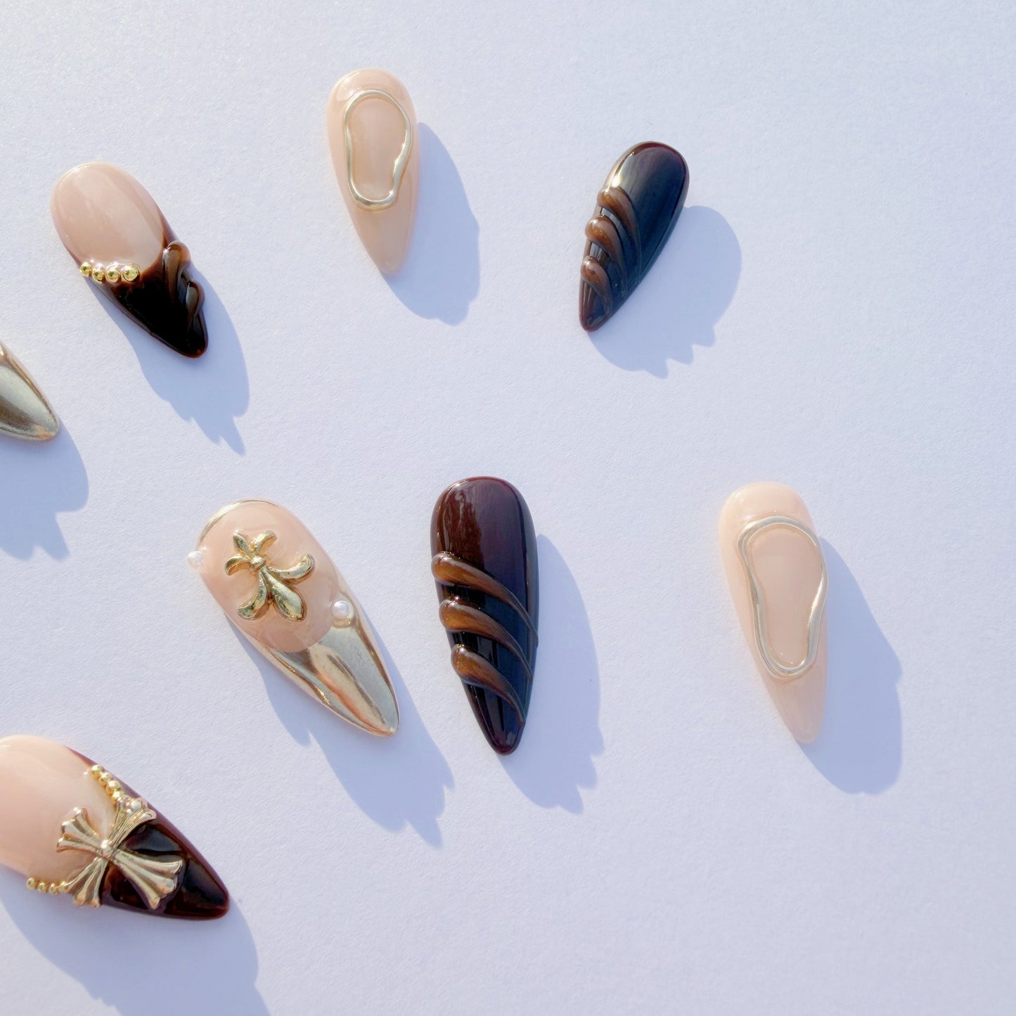 Luxury Brown & Gold Sculpted Press-On Nails – 3D Metal Accents, Almond Shape, Salon-Quality Reusable Set