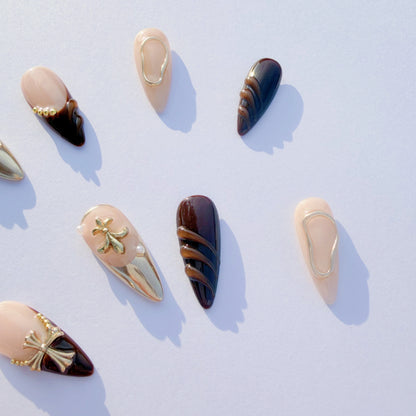 Luxury Brown & Gold Sculpted Press-On Nails – 3D Metal Accents, Almond Shape, Salon-Quality Reusable Set