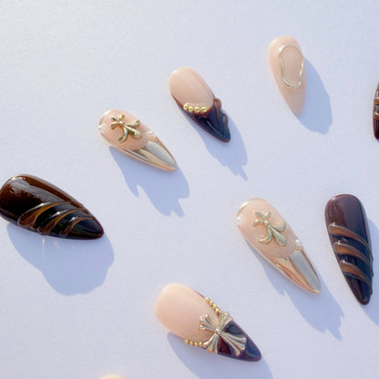 Luxury Brown & Gold Sculpted Press-On Nails – 3D Metal Accents, Almond Shape, Salon-Quality Reusable Set