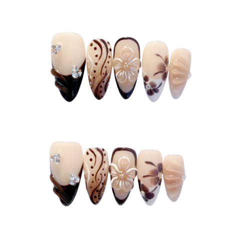 Brown Floral French Press-On Nails – Nude Carved Flower Design, Elegant Almond Shape | Long-Lasting Reusable Glue-On Nails