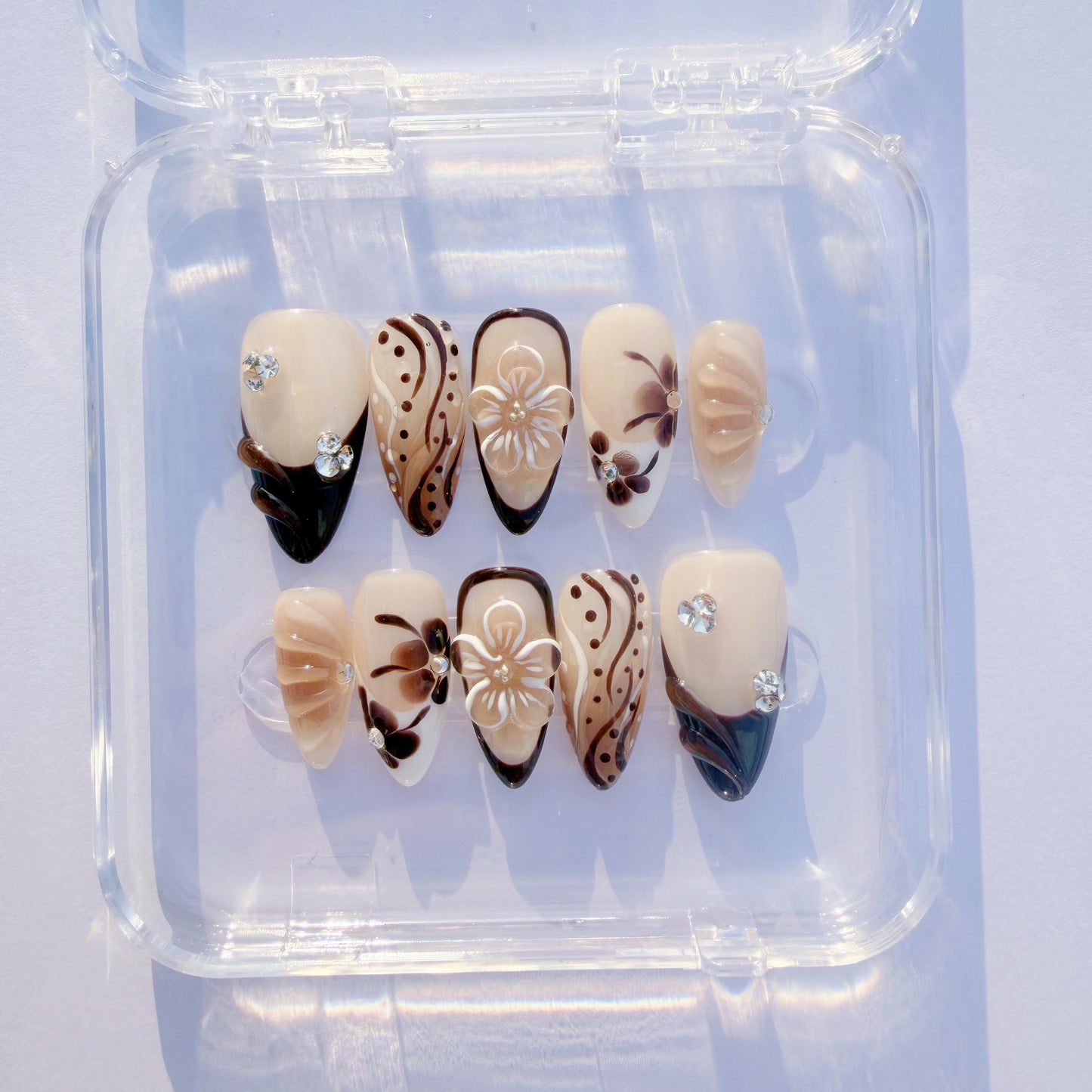 Brown Floral French Press-On Nails – Nude Carved Flower Design, Elegant Almond Shape | Long-Lasting Reusable Glue-On Nails