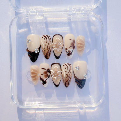 Brown Floral French Press-On Nails – Nude Carved Flower Design, Elegant Almond Shape | Long-Lasting Reusable Glue-On Nails