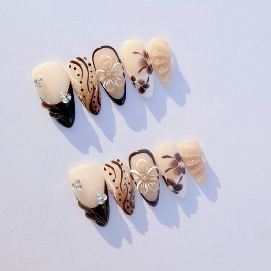 Brown Floral French Press-On Nails – Nude Carved Flower Design, Elegant Almond Shape | Long-Lasting Reusable Glue-On Nails