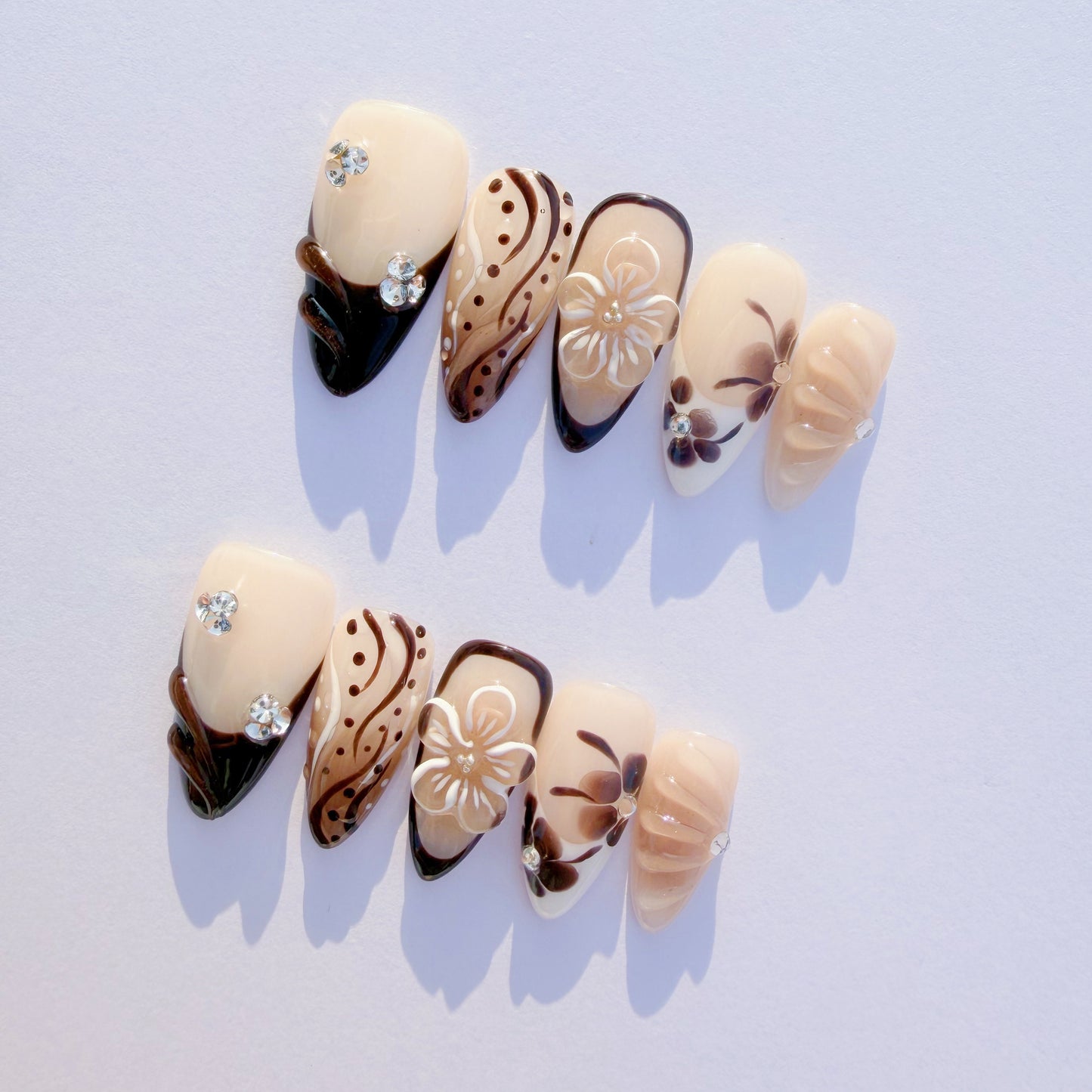 Brown Floral French Press-On Nails – Nude Carved Flower Design, Elegant Almond Shape | Long-Lasting Reusable Glue-On Nails