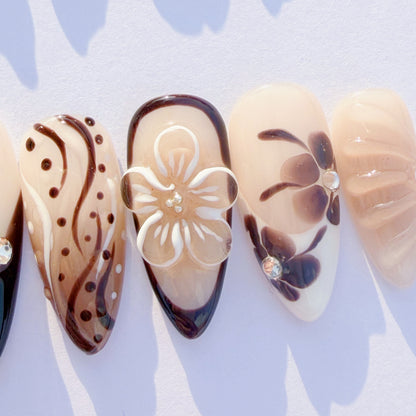 Brown Floral French Press-On Nails – Nude Carved Flower Design, Elegant Almond Shape | Long-Lasting Reusable Glue-On Nails