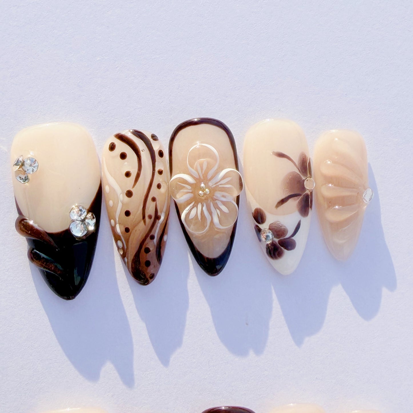 Brown Floral French Press-On Nails – Nude Carved Flower Design, Elegant Almond Shape | Long-Lasting Reusable Glue-On Nails
