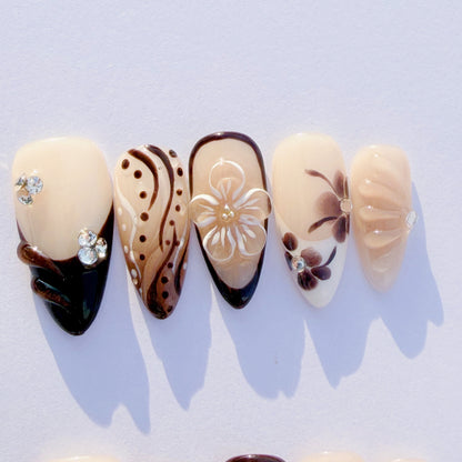 Brown Floral French Press-On Nails – Nude Carved Flower Design, Elegant Almond Shape | Long-Lasting Reusable Glue-On Nails