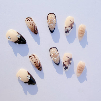 Brown Floral French Press-On Nails – Nude Carved Flower Design, Elegant Almond Shape | Long-Lasting Reusable Glue-On Nails