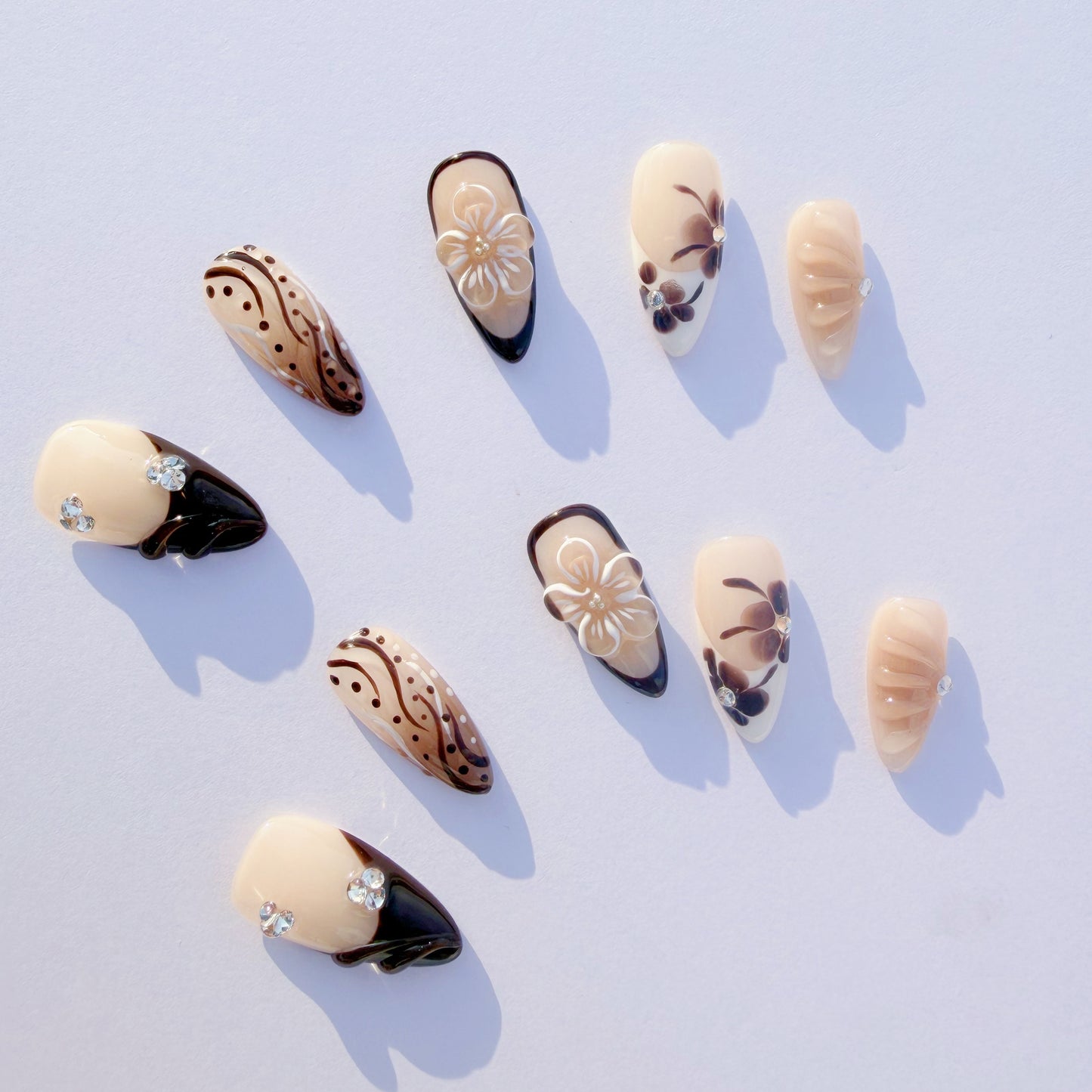 Brown Floral French Press-On Nails – Nude Carved Flower Design, Elegant Almond Shape | Long-Lasting Reusable Glue-On Nails