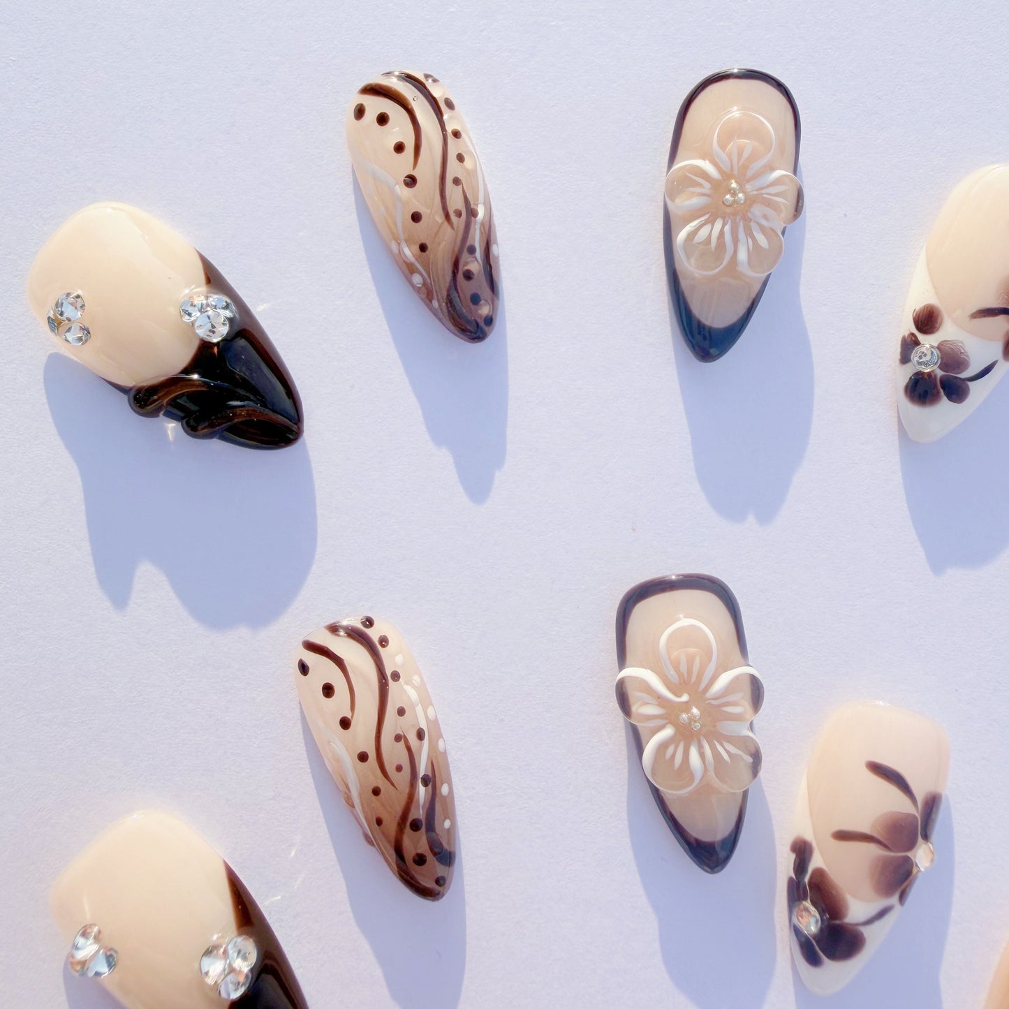 Brown Floral French Press-On Nails – Nude Carved Flower Design, Elegant Almond Shape | Long-Lasting Reusable Glue-On Nails