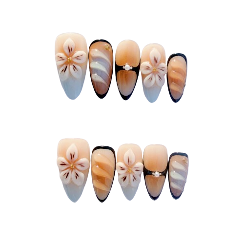 Cream Floral Amber Ombre Press-On Nails – Elegant Almond Tips with 3D Flowers & Black Accents
