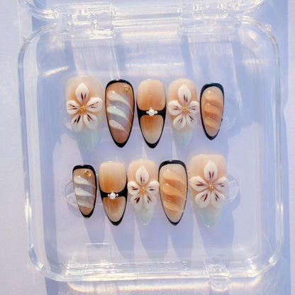 Cream Floral Amber Ombre Press-On Nails – Elegant Almond Tips with 3D Flowers & Black Accents