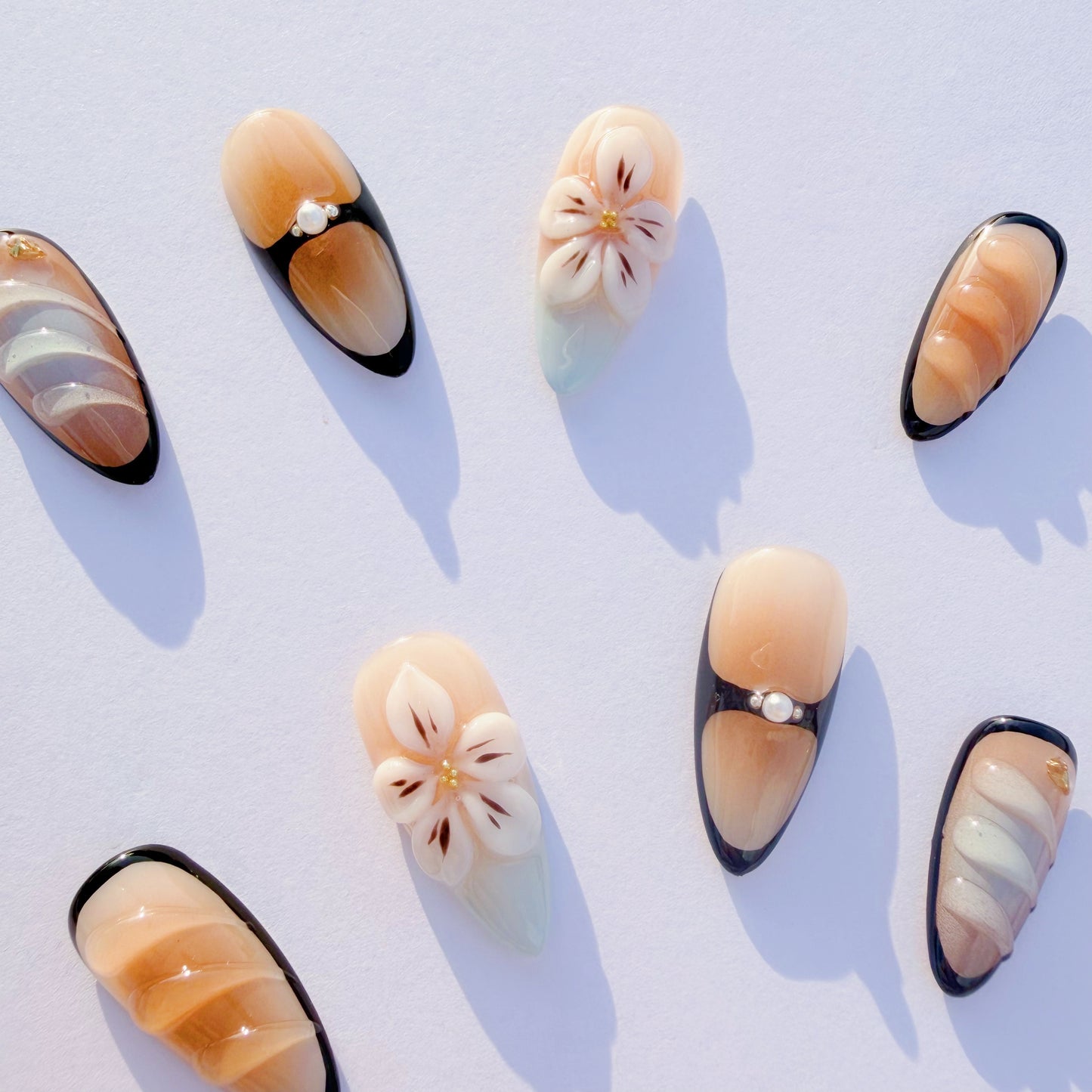 Cream Floral Amber Ombre Press-On Nails – Elegant Almond Tips with 3D Flowers & Black Accents