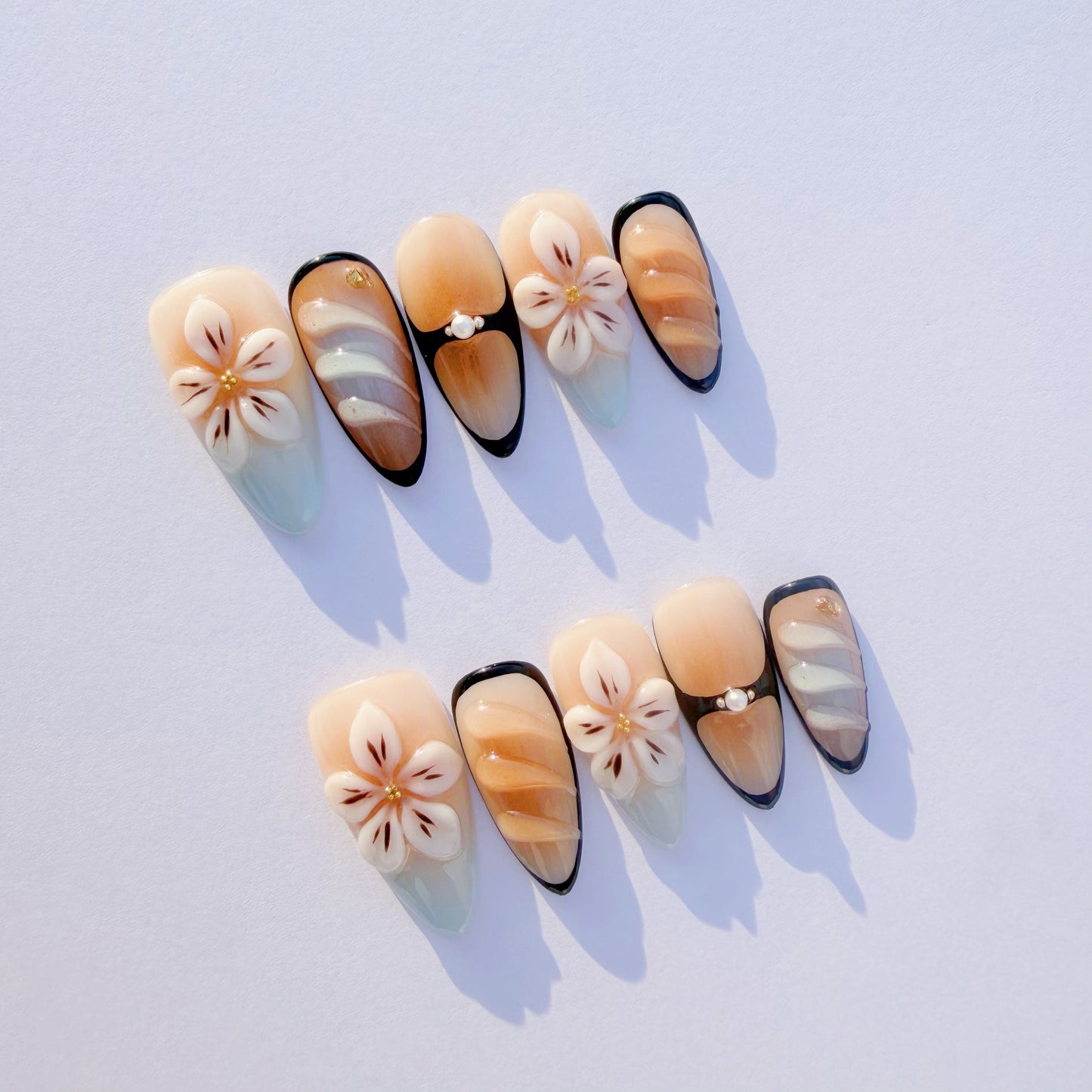 Cream Floral Amber Ombre Press-On Nails – Elegant Almond Tips with 3D Flowers & Black Accents