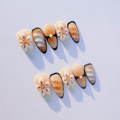 Cream Floral Amber Ombre Press-On Nails – Elegant Almond Tips with 3D Flowers & Black Accents
